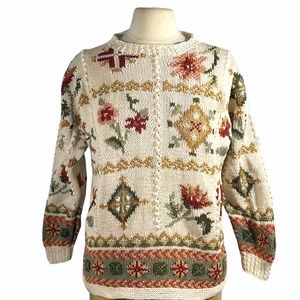 Hunters Run Womens Sweater Size Large Cream Floral Vintage Long Sleeve Crew Neck